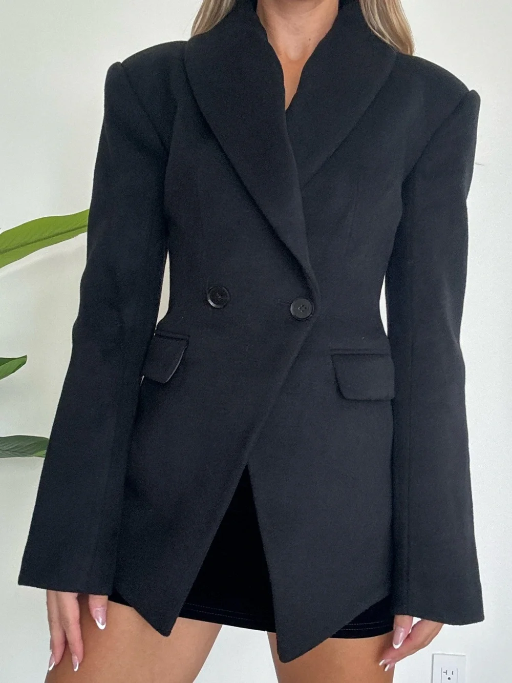 Lovers and Friends Black Wool Tailored Double-Breasted Women's Blazer Coat